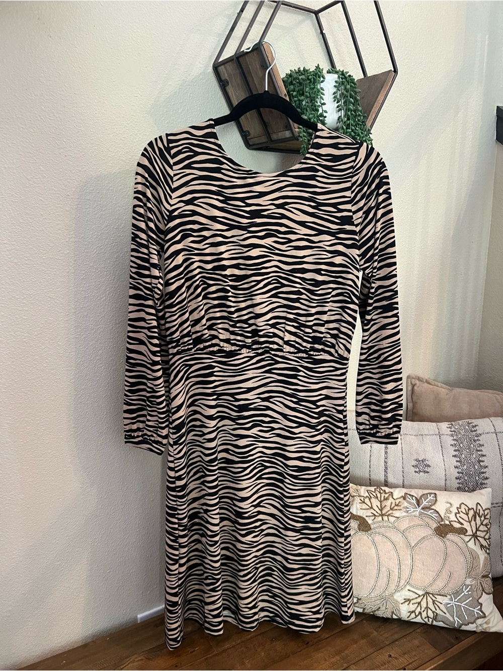 LOFT Black and Cream Zebra Print Long Sleeve Dress